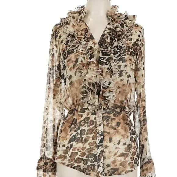 Vintage Spiegel Double Ruffle Neckline Long Sleeved Leopard Print Blouse - Picture 6 of 10
